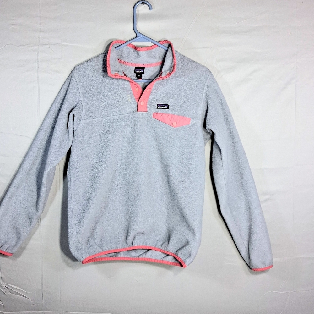 Patagonia Girl's/Women 16-18 Gray w/ Pink Trim Lightweight Synchilla Sweatshirt